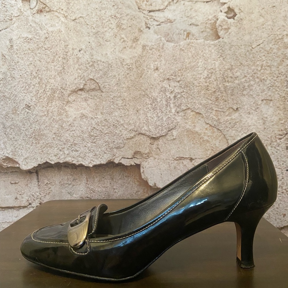 Joan & David Circa Black Patent Silver Buckle Shoes